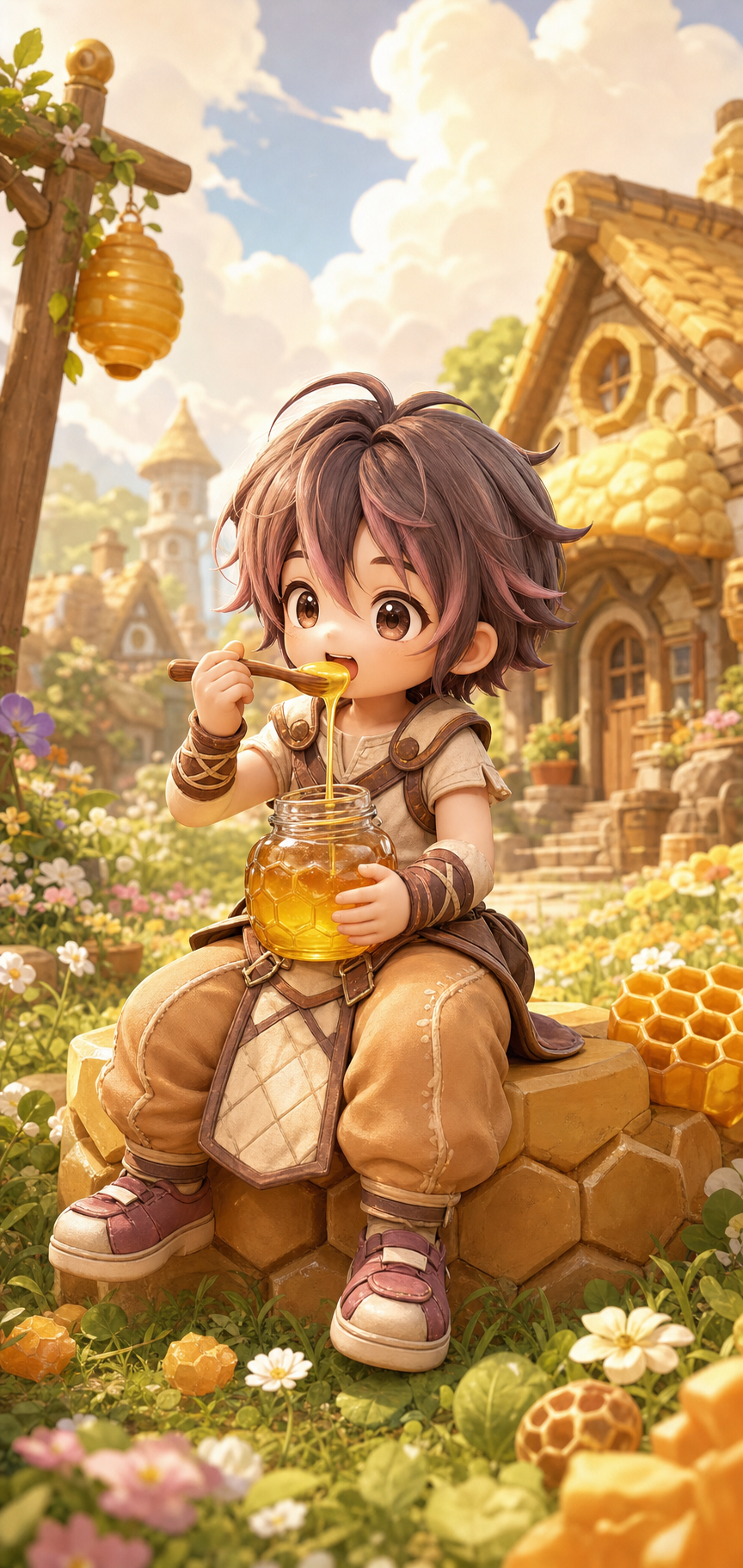 Young adventurer sitting and eating honey